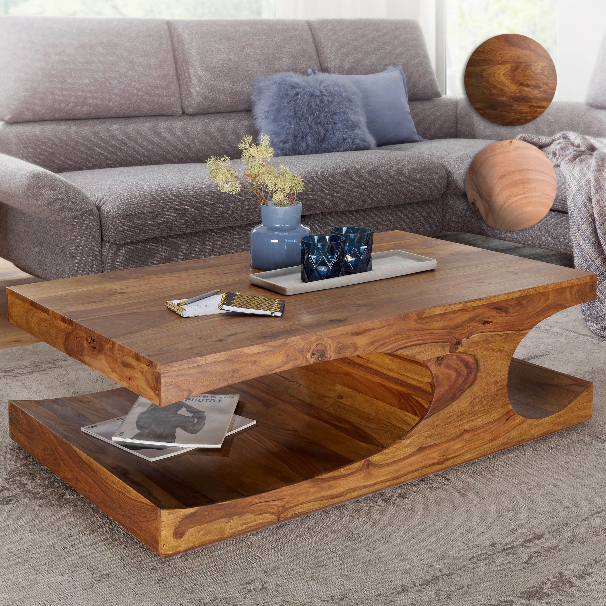 Finebuy Couchtisch Massiv-Holz 120 Cm Breit Wohnzimmer-Tisch Design Braun  Landhaus-Stil Beistelltisch Farbe Wählbar in Massivholztisch Wohnzimmer